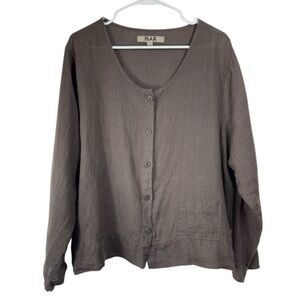 Flax Size Large 100% Linen Brown Button Front Top Jacket Pocket Lagenlook